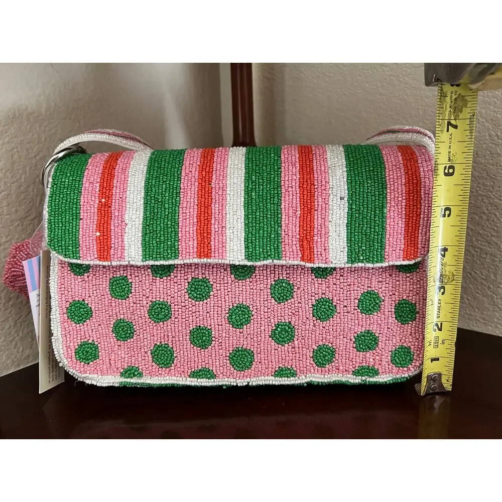 NWT Handcrafted India Beaded Purse Pink Green Striped Artsy Charm Shoulder Bag